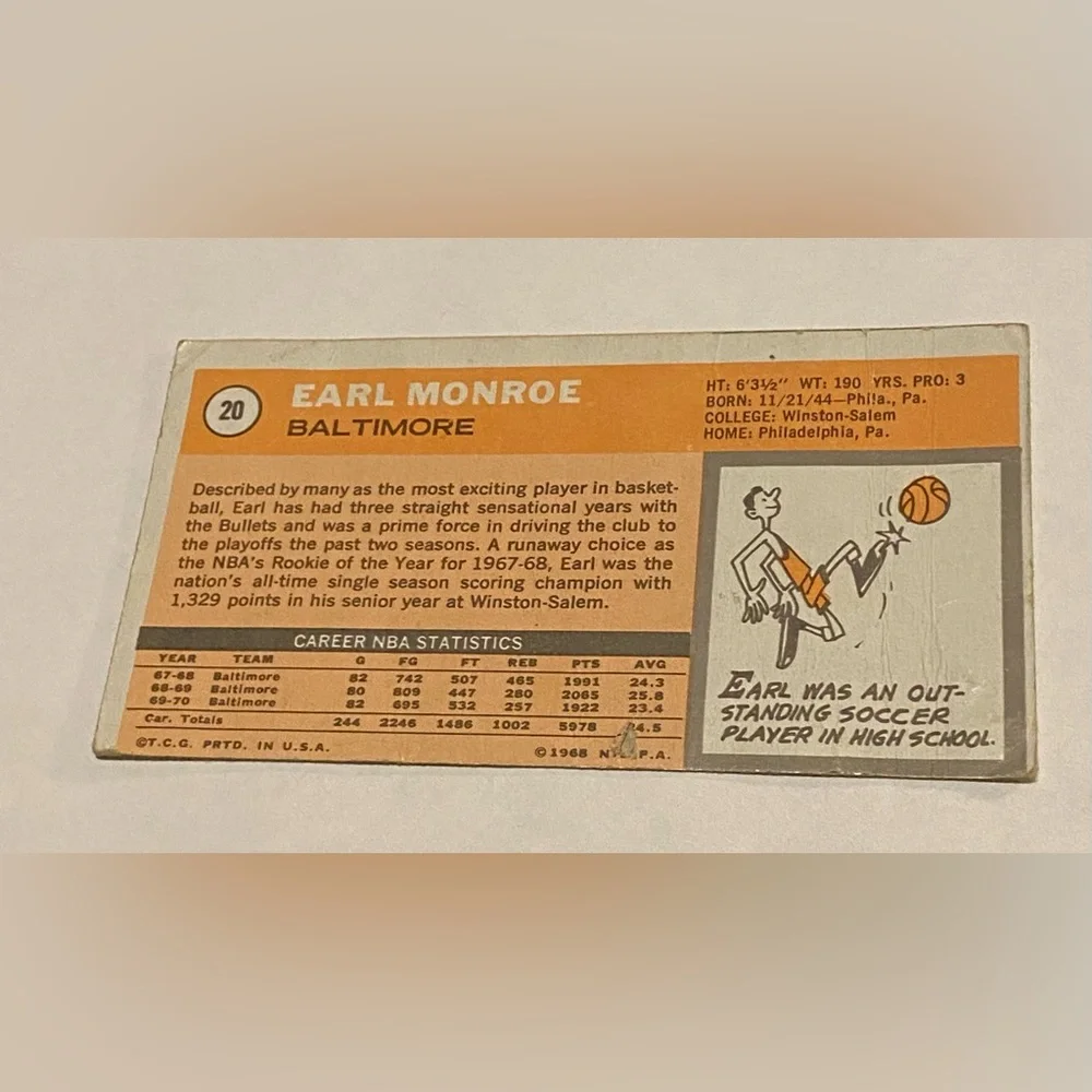 Earl Monroe 1969-70 Basketball Card # 20 Baltimore Bullets Vintage Collectible